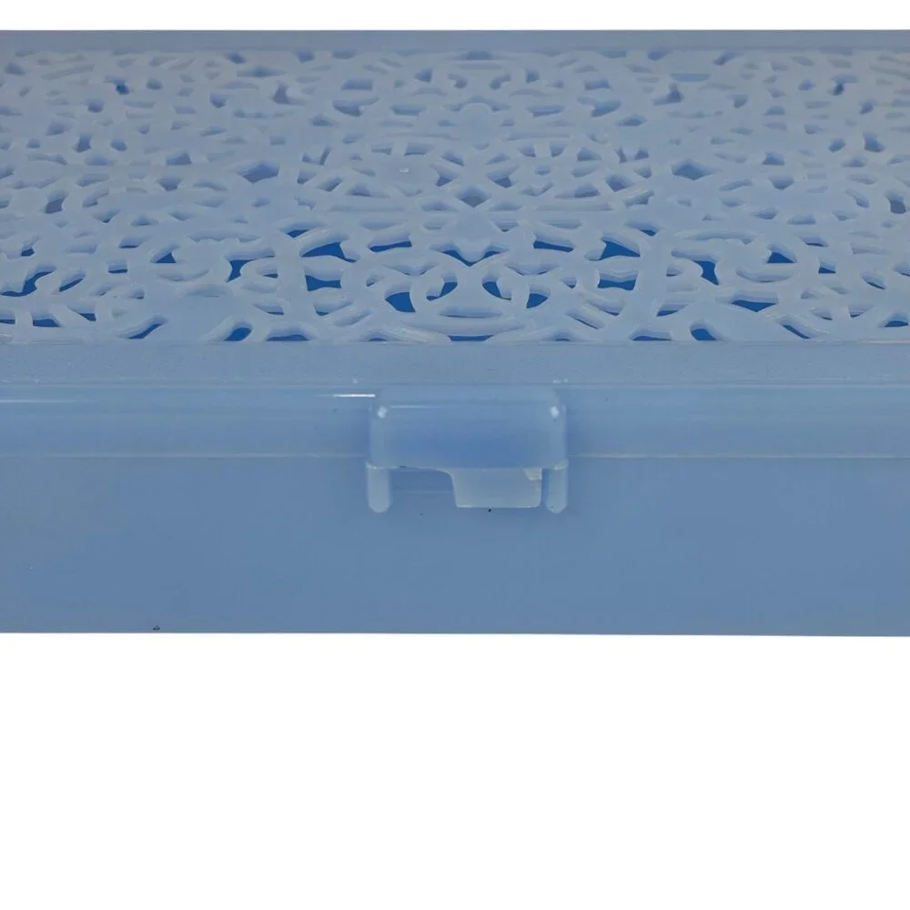 Vintage 60s Plastic Storage Box Baby Blue Cutwork Top Vanity Jewelry Trinkets
